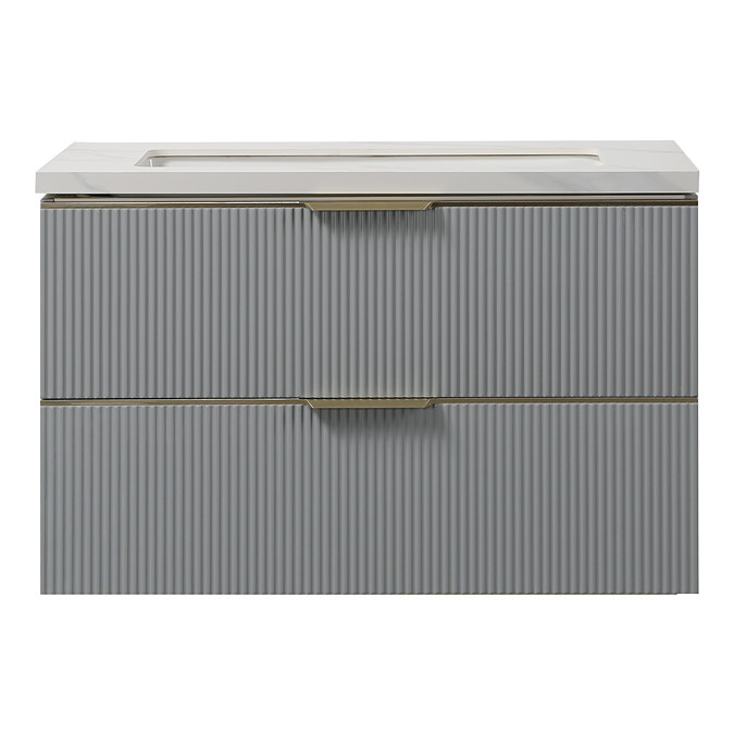 Opus 900mm Fluted Wall Hung 2-Drawer Vanity Unit – Satin Grey with Marble‑Effect Basin & Brushed Brass Handles