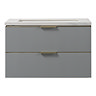Opus 900mm Fluted Wall Hung 2-Drawer Vanity Unit – Satin Grey with Marble‑Effect Basin & Brushed Brass Handles