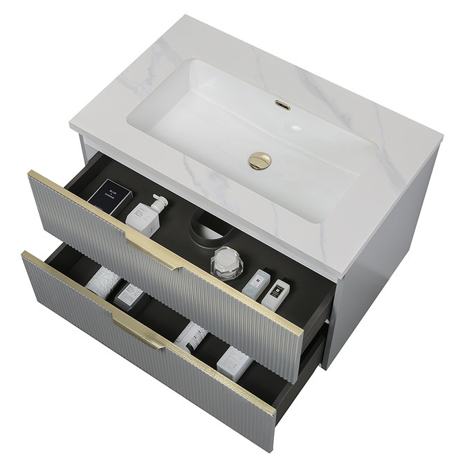 Opus 900mm Fluted Wall Hung 2-Drawer Vanity Unit – Satin Grey with Marble‑Effect Basin & Brushed Brass Handles