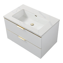 Opus 900mm Fluted Wall Hung 2-Drawer Vanity Unit – Satin White with Marble‑Effect Basin & Brushed Brass Handles