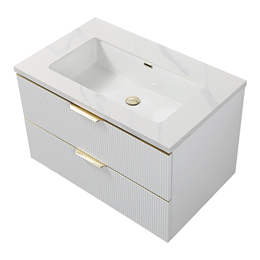Opus 900mm Fluted Wall Hung 2-Drawer Vanity Unit – Satin White with Marble‑Effect Basin & Brushed Brass Handles