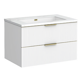 Opus 900mm Fluted Wall Hung 2-Drawer Vanity Unit – Satin White with Marble‑Effect Basin & Brushed Brass Handles