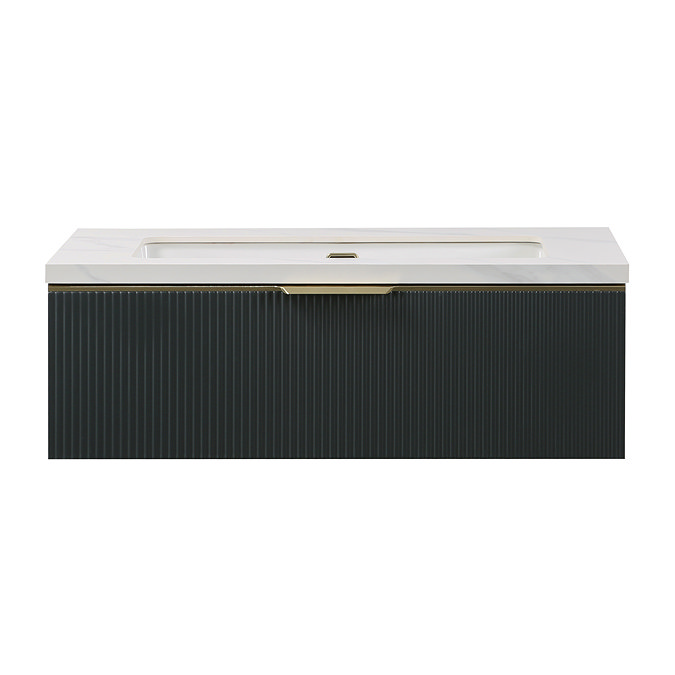 Opus 900mm Fluted Wall‑Hung Vanity Unit – Satin Black with Marble‑Effect Basin & Brushed Brass Handle