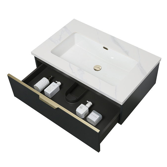 Opus 900mm Fluted Wall‑Hung Vanity Unit – Satin Black with Marble‑Effect Basin & Brushed Brass Handle