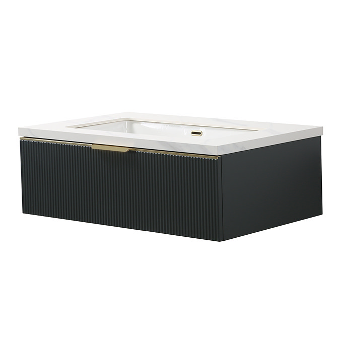 Opus 900mm Fluted Wall‑Hung Vanity Unit – Satin Black with Marble‑Effect Basin & Brushed Brass Handle