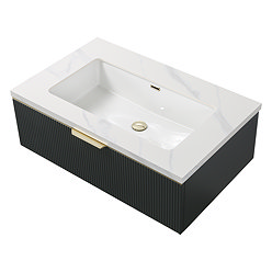Opus 900mm Fluted Wall‑Hung Vanity Unit – Satin Black with Marble‑Effect Basin & Brushed Brass Handle