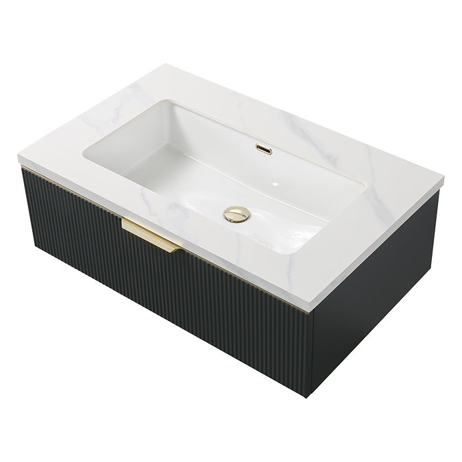 Opus 900mm Fluted Wall‑Hung Vanity Unit – Satin Black with Marble‑Effect Basin & Brushed Brass Handle