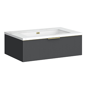 Opus 900mm Fluted Wall Hung Vanity Unit – Satin Black with Marble‑Effect Basin & Brushed Brass Handle