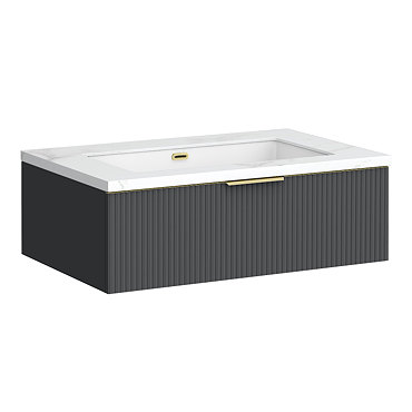 Opus 900mm Fluted Wall‑Hung Vanity Unit – Satin Black with Marble‑Effect Basin & Brushed Brass Handle