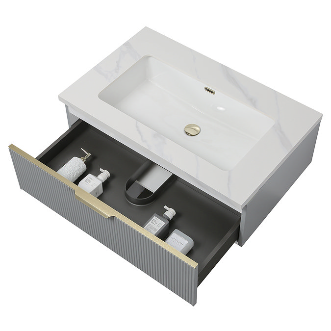 Opus 900mm Fluted Wall‑Hung Vanity Unit – Satin Grey with Marble‑Effect Basin & Brushed Brass Handle