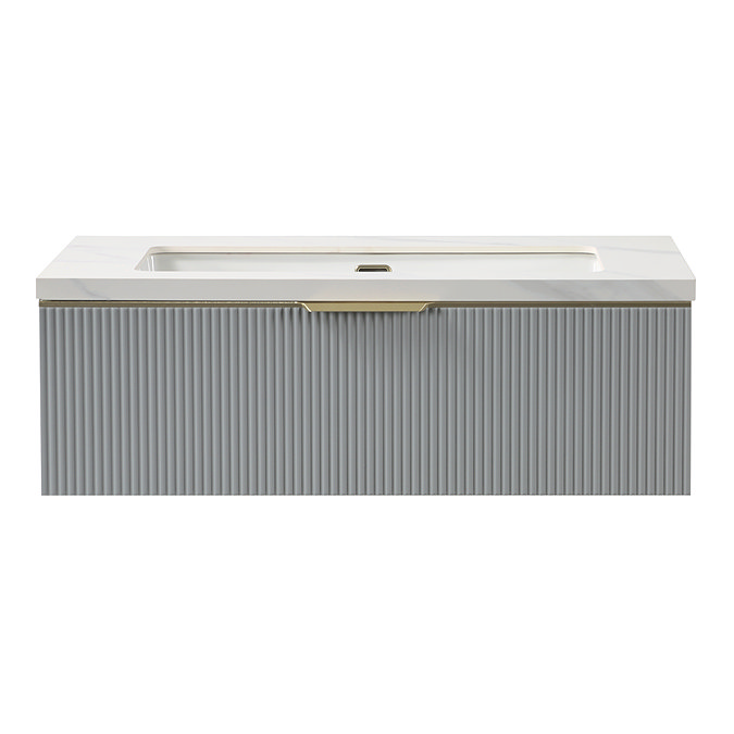 Opus 900mm Fluted Wall‑Hung Vanity Unit – Satin Grey with Marble‑Effect Basin & Brushed Brass Handle