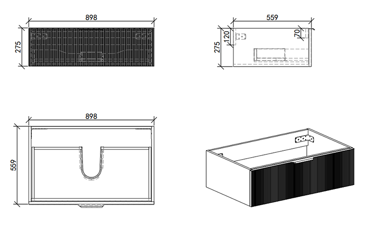 Opus 900mm Fluted Wall‑Hung Vanity Unit – Satin Grey with Marble‑Effect Basin & Brushed Brass Handle