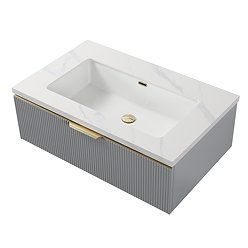 Opus 900mm Fluted Wall‑Hung Vanity Unit – Satin Grey with Marble‑Effect Basin & Brushed Brass Handle