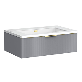 Opus 900mm Fluted Wall Hung Vanity Unit – Satin Grey with Marble‑Effect Basin & Brushed Brass Handle