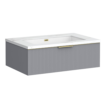 Opus 900mm Fluted Wall‑Hung Vanity Unit – Satin Grey with Marble‑Effect Basin & Brushed Brass Handle