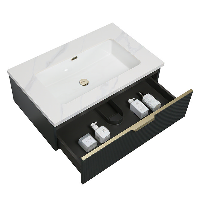 Opus 900mm Fluted Wall Hung Vanity Unit & Towel Shelf – Satin Black with Marble‑Effect Basin & Brushed Brass Handle