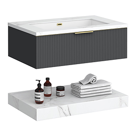 Opus 900mm Fluted Wall Hung Vanity Unit & Towel Shelf – Satin Black with Marble‑Effect Basin & Brushed Brass Handle