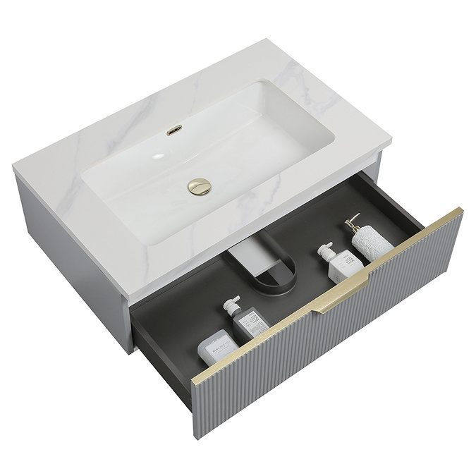 Opus 900mm Fluted Wall Hung Vanity Unit & Towel Shelf – Satin Grey with Marble‑Effect Basin & Brushed Brass Handle