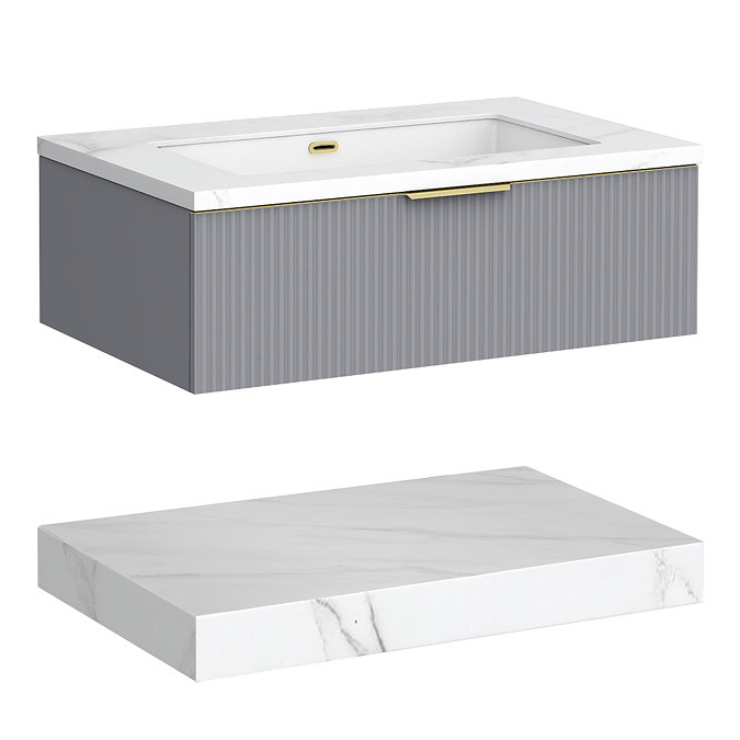 Opus 900mm Fluted Wall Hung Vanity Unit & Towel Shelf – Satin Grey with Marble‑Effect Basin & Brushed Brass Handle