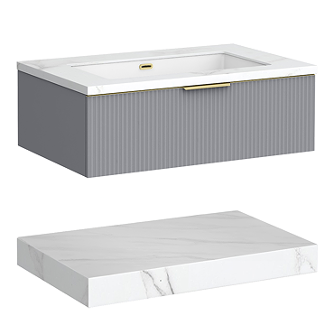 Opus 900mm Fluted Wall Hung Vanity Unit & Towel Shelf – Satin Grey with Marble‑Effect Basin & Brushed Brass Handle