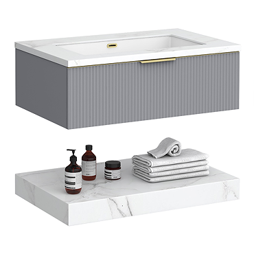 Opus 900mm Fluted Wall Hung Vanity Unit & Towel Shelf – Satin Grey with Marble‑Effect Basin & Brushed Brass Handle