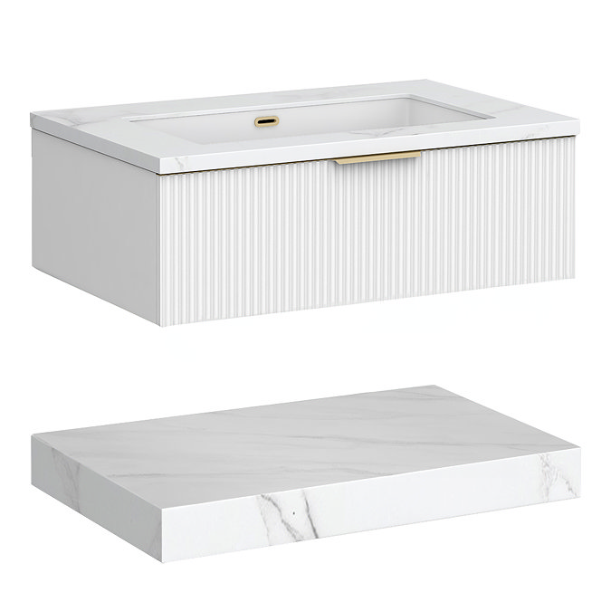 Opus 900mm Fluted Wall Hung Vanity Unit & Towel Shelf – Satin White with Marble‑Effect Basin & Brushed Brass Handle