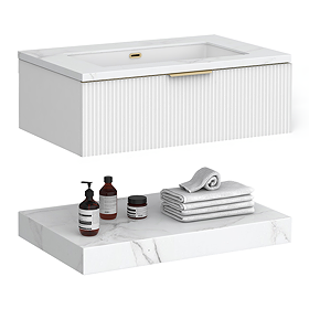 Opus 900mm Fluted Wall Hung Vanity Unit & Towel Shelf – Satin White with Marble‑Effect Basin & Brushed Brass Handle