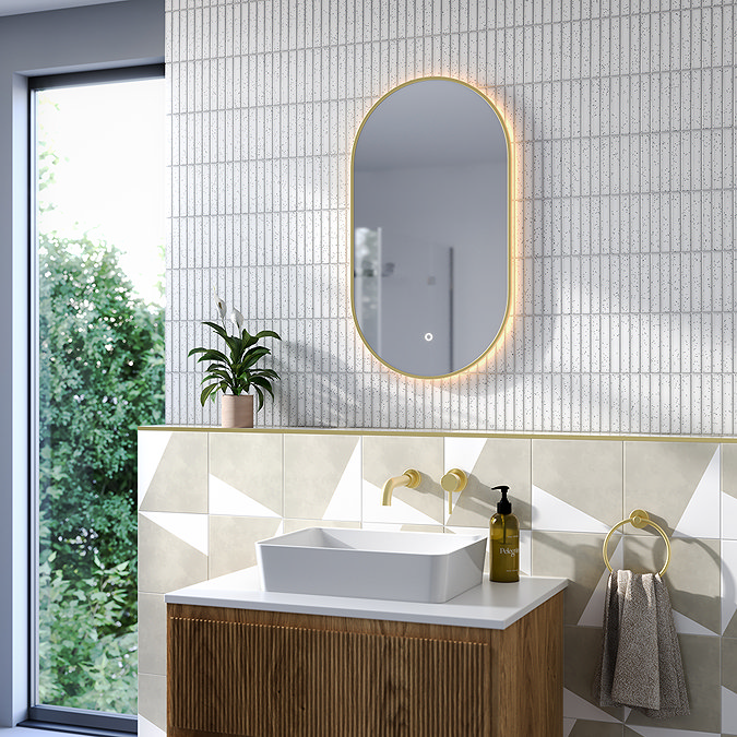 Opus Brushed Brass Lozenge LED Mirror with Anti-Fog, Touch Control & Colour Changing Light