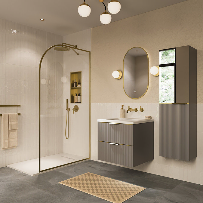 Opus Curved Brushed Brass Full Outer Framed Wet Room Screen with Support Arm (1950mm High)