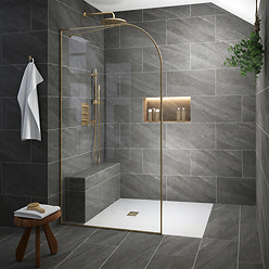 Opus Curved Brushed Brass Full Outer Framed Wet Room Screen with Support Arm (1950mm High)