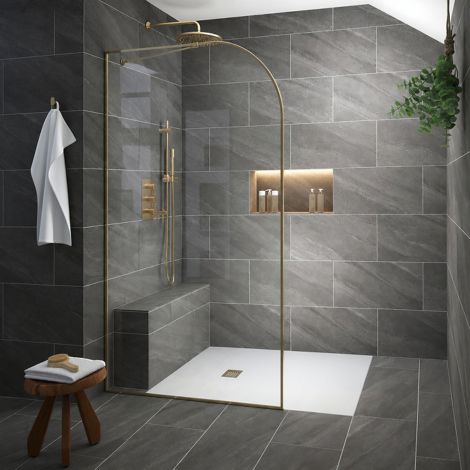 Opus Curved Brushed Brass Full Outer Framed Wet Room Screen with Support Arm (1950mm High)