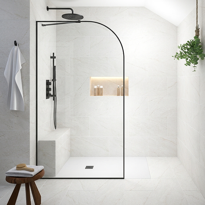 Opus Curved Matt Black Full Outer Framed Wet Room Screen with Support Arm (1950mm High)