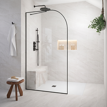 Opus Curved Matt Black Full Outer Framed Wet Room Screen with Support Arm (1950mm High)
