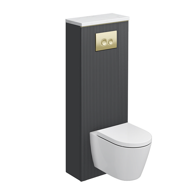 Opus Fluted Back to Wall WC Unit 1400mm – Satin Black with Brushed Brass Flush Plate & Wall Hung Toilet Pan