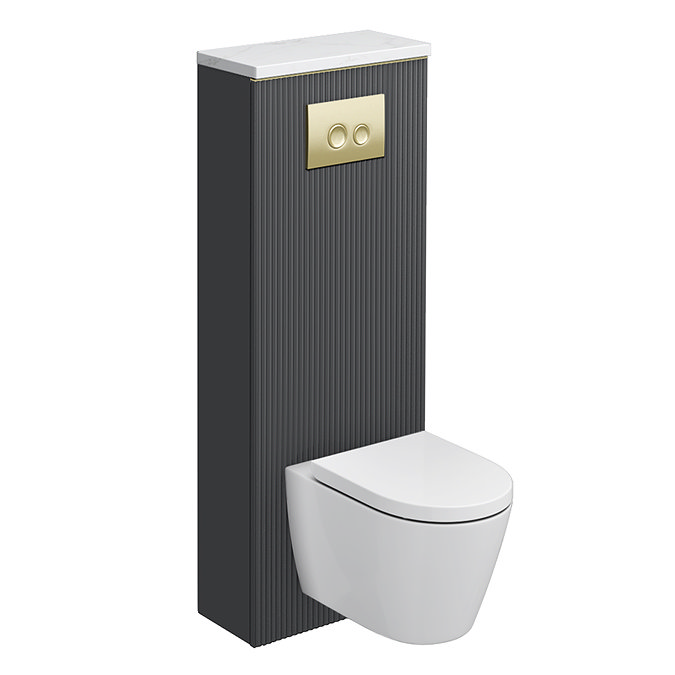 Opus Fluted Back to Wall WC Unit 1400mm – Satin Black with Brushed Brass Flush Plate & Wall Hung Toilet Pan