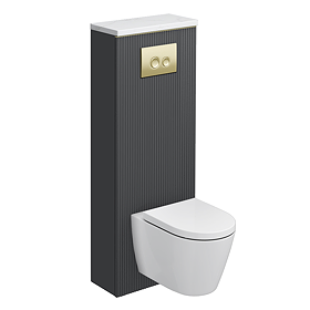 Opus Fluted Back to Wall WC Unit 1400mm – Satin Black with Brushed Brass Flush Plate & Wall Hung Toilet Pan
