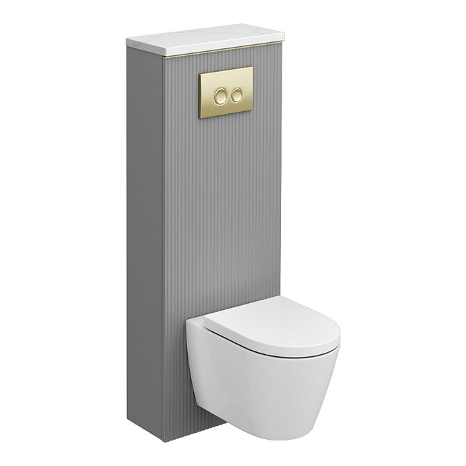 Opus Fluted Back to Wall WC Unit 1400mm – Satin Grey with Brushed Brass Flush Plate & Wall Hung Toilet Pan