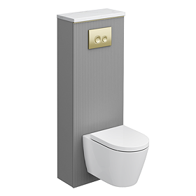 Opus Fluted Back to Wall WC Unit 1400mm – Satin Grey with Brushed Brass Flush Plate & Wall Hung Toilet Pan