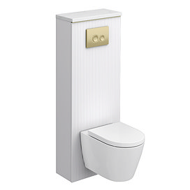Opus Fluted Back to Wall WC Unit 1400mm – Satin White with Brushed Brass Flush Plate & Wall Hung Toilet Pan
