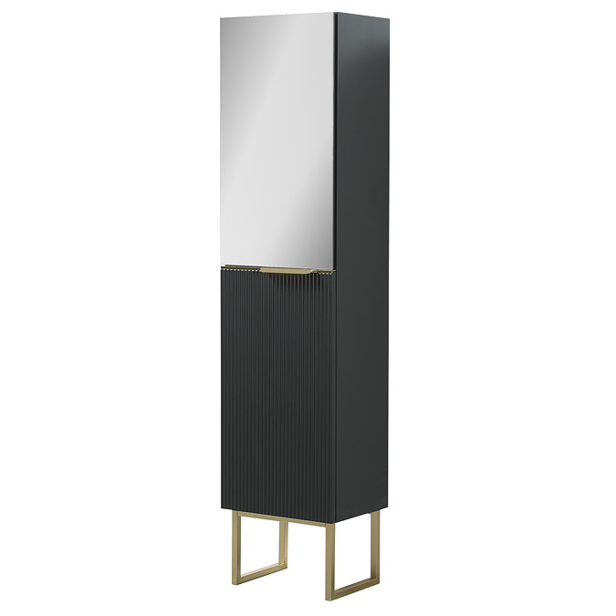 Opus Mirrored 2 Door Tall Storage Unit - Satin Black, Fluted with Brushed Brass Handle & Legs