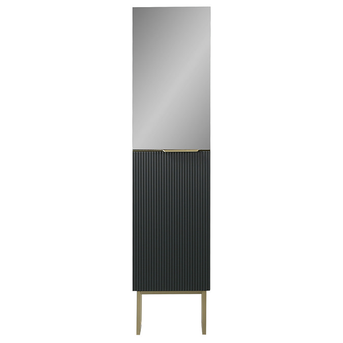 Opus Mirrored 2 Door Tall Storage Unit - Satin Black, Fluted with Brushed Brass Handle & Legs