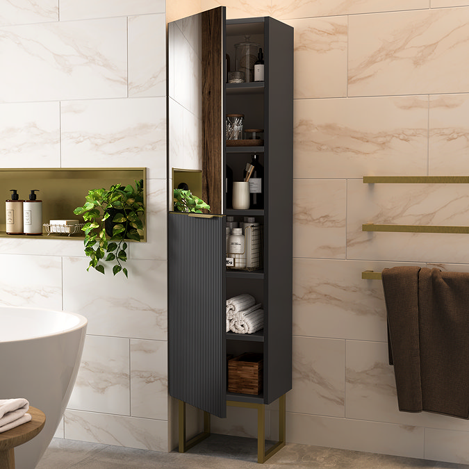 Opus Mirrored 2 Door Tall Storage Unit - Satin Black, Fluted with Brushed Brass Handle & Legs