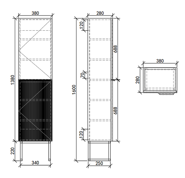 Opus Mirrored 2 Door Tall Storage Unit - Satin Black, Fluted with Brushed Brass Handle & Legs
