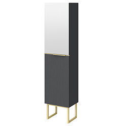 Opus Mirrored 2 Door Tall Storage Unit - Satin Black, Fluted with Brushed Brass Handle & Legs