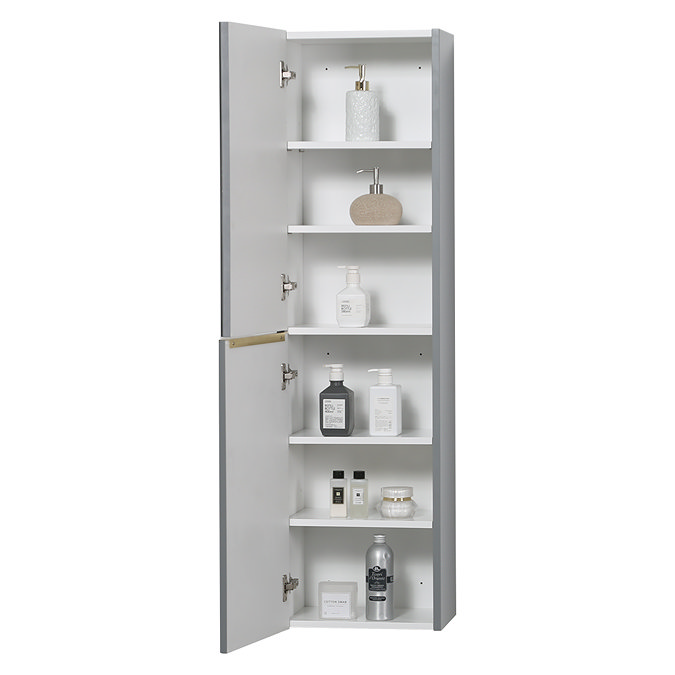 Opus Mirrored 2 Door Wall Hung Tall Storage Unit - Satin Grey, Fluted with Brushed Brass Handle & Legs
