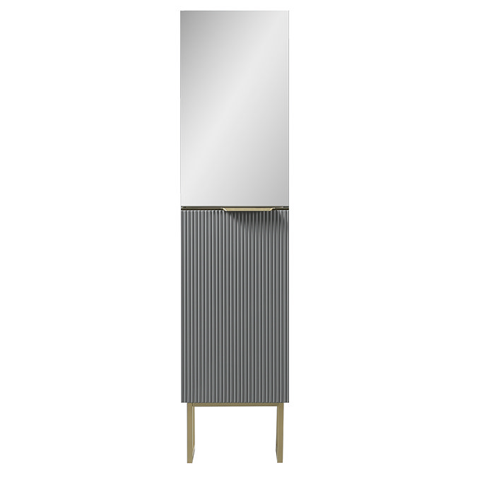 Opus Mirrored 2 Door Wall Hung Tall Storage Unit - Satin Grey, Fluted with Brushed Brass Handle & Legs