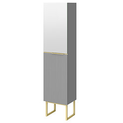 Opus Mirrored 2 Door Wall Hung Tall Storage Unit - Satin Grey, Fluted with Brushed Brass Handle & Legs