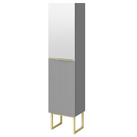 Opus Mirrored 2 Door Wall Hung Tall Storage Unit - Satin Grey, Fluted with Brushed Brass Handle & Legs