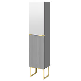 Opus Mirrored 2 Door Wall Hung Tall Storage Unit - Satin Grey, Fluted with Brushed Brass Handle & Legs