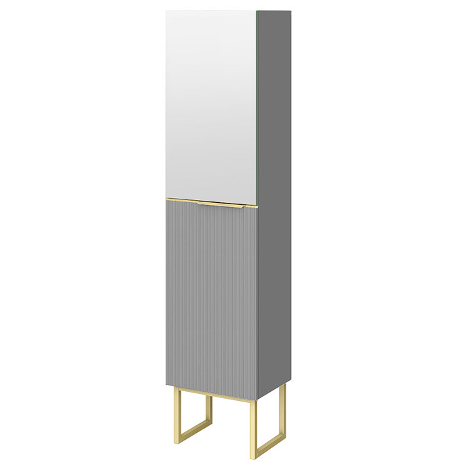 Opus Mirrored 2 Door Wall Hung Tall Storage Unit - Satin Grey, Fluted with Brushed Brass Handle & Legs